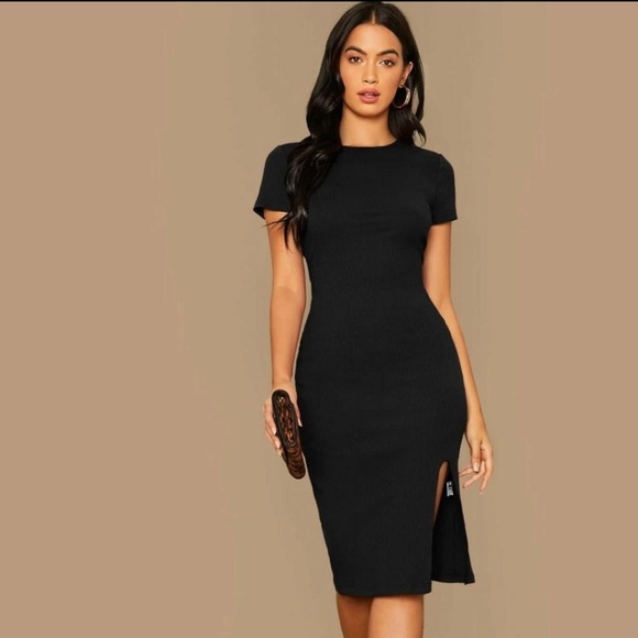 Rib-knit Slit Hen Bodycon Dress Black - Picture 5 of 8